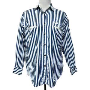 Vintage 80s 90s Women’s S Top Button Up 100% Cotton Striped Pockets Long Sleeve